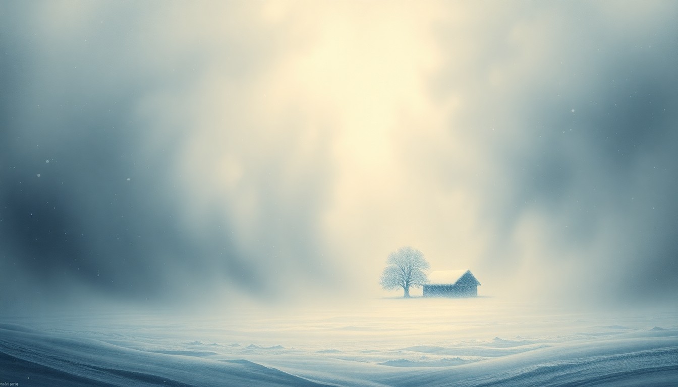 A sweeping, atmospheric landscape painting in muted tones of white, gray, and blue, depicting a massive winter storm with heavy snowfall and dramatic lighting that dwarfs a lone, snow-covered tree or structure in the distance, conveying the overwhelming power and scale of the natural disaster.