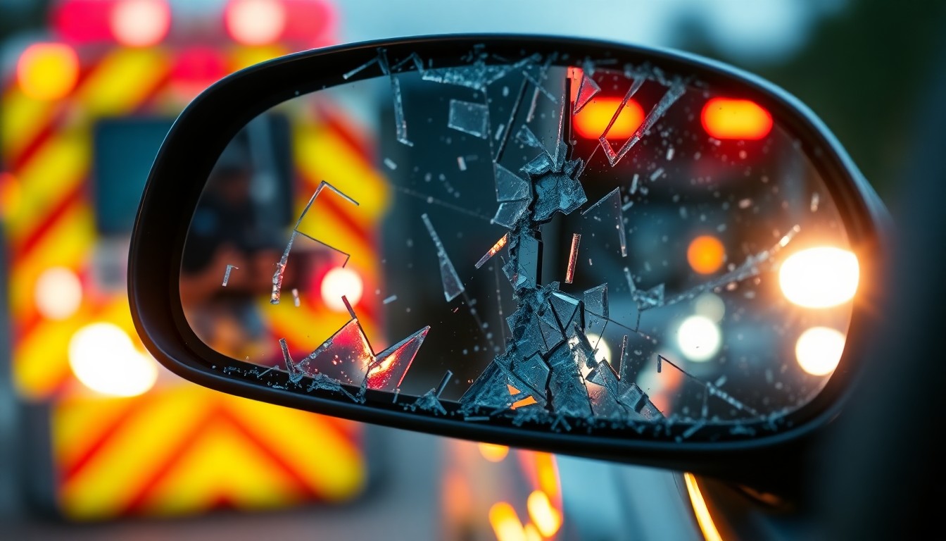 An extreme close-up photograph of a shattered car side mirror reflecting the blurred lights of an emergency vehicle, conceptually illustrating the aftermath of a pedestrian collision.