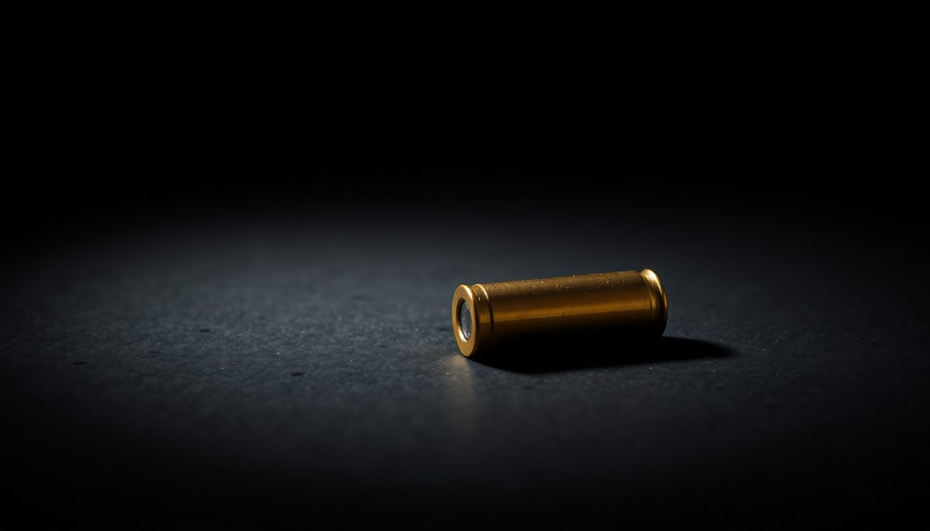 An extreme close-up photograph of a single bullet casing on a dark surface, lit by a harsh direct flash, conceptually representing the aftermath of a shooting incident.