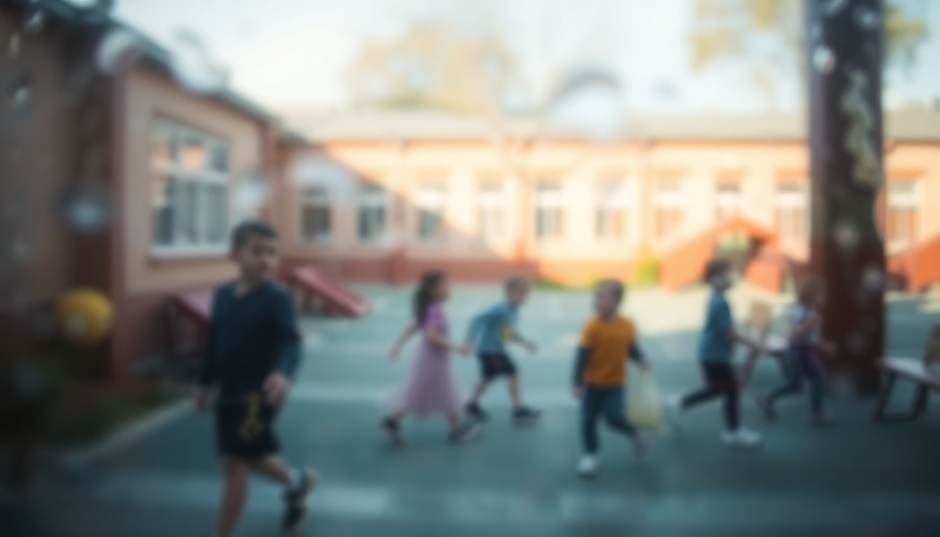 An abstract, blurred scene of children playing on a school playground, with soft, warm pools of color and light, conceptually representing the disruption and uncertainty caused by the unexpected school closure.