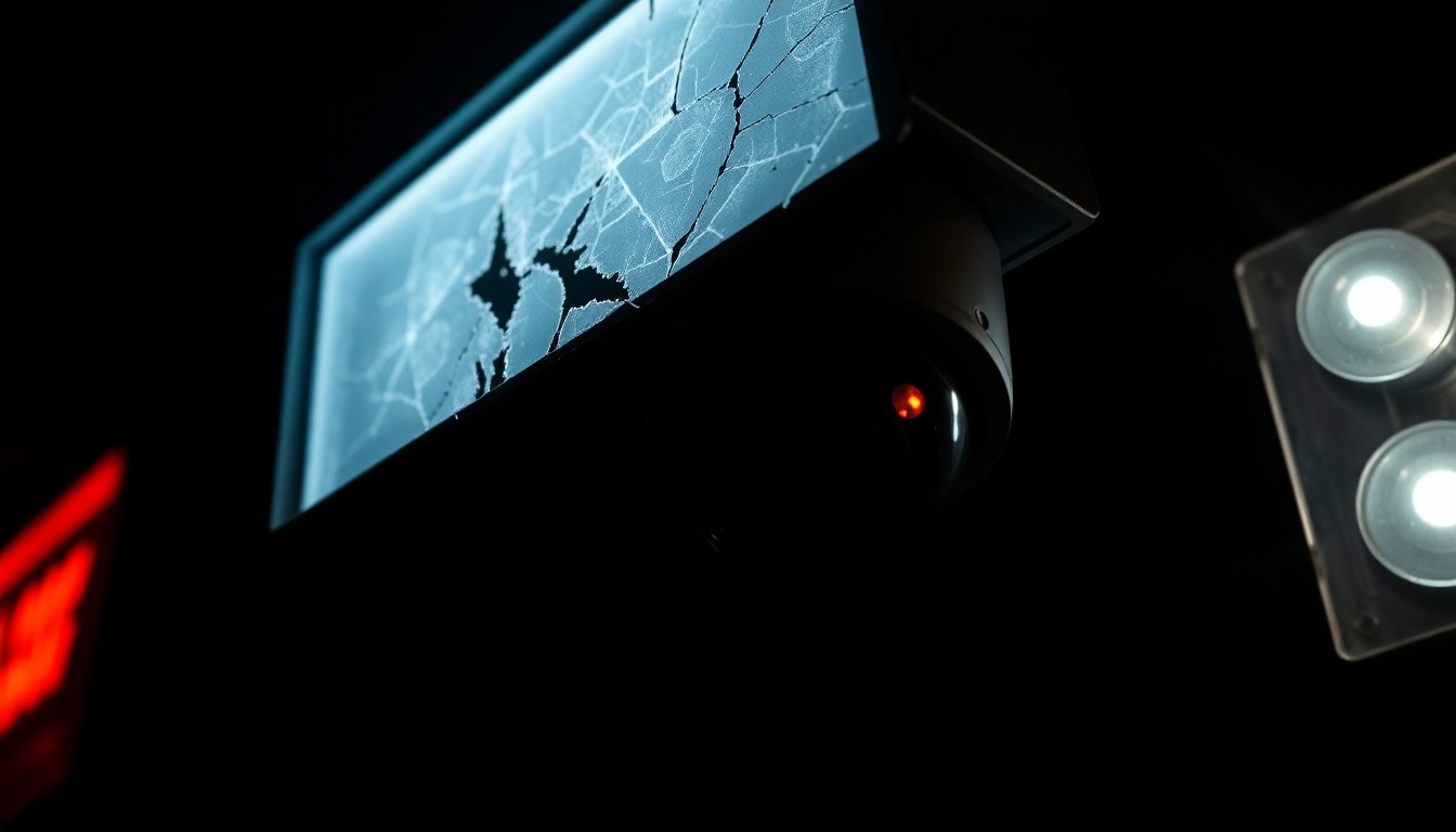 An extreme close-up of a cracked and damaged nightclub security camera lens, reflecting a harsh, bright light in the darkness, conceptually illustrating the assault on a nightclub worker.