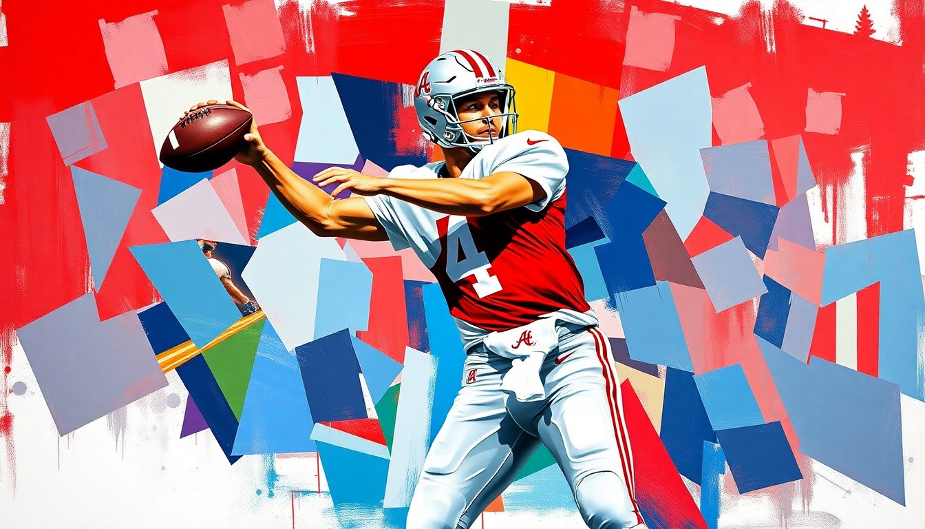 A cubist, geometric painting depicting a quarterback's throwing motion and decision-making process, with sharp, overlapping planes in the colors of the Alabama Crimson Tide.