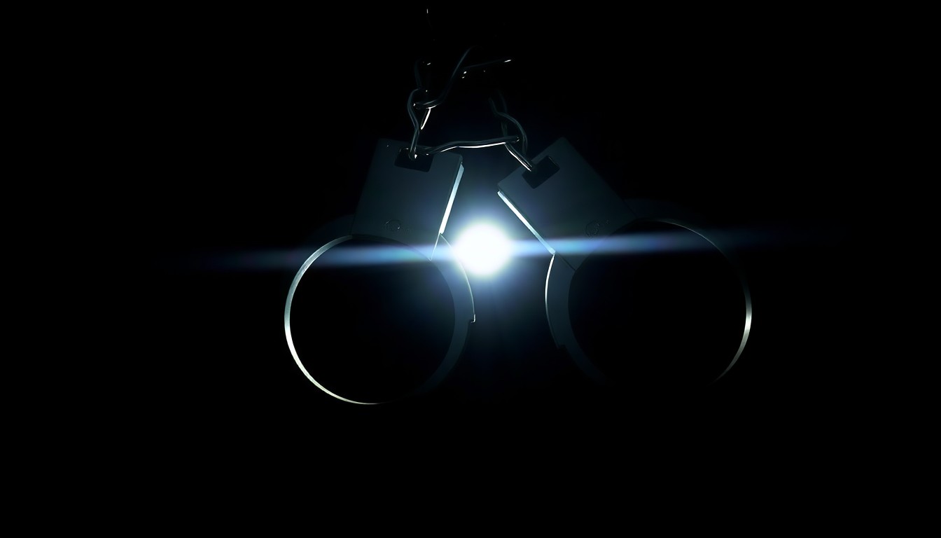 An extreme close-up of a pair of metal handcuffs against a stark black background, conceptually representing the arrest of a religious leader accused of sexually assaulting a minor.