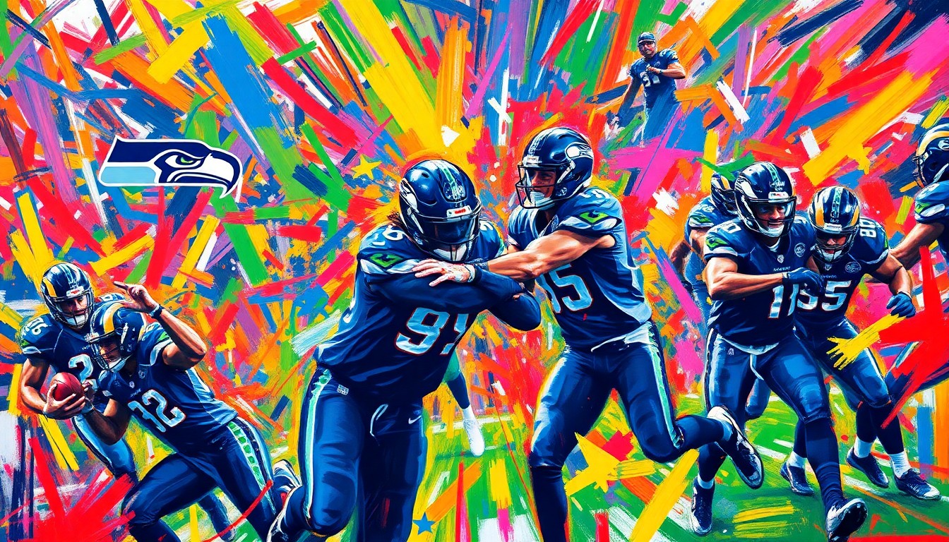 An abstract, expressionist painting in vibrant neon colors, capturing the raw energy and dramatic momentum of the Seahawks' historic comeback victory over the Rams. Rapid brushstrokes and dissolving figures convey the intense emotions and movement of the game.