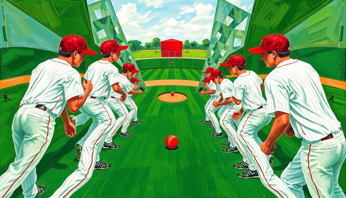 A fragmented, geometric painting depicting a high school baseball game, with overlapping planes of green, white, and red conveying the sport's fast-paced movement and intensity.