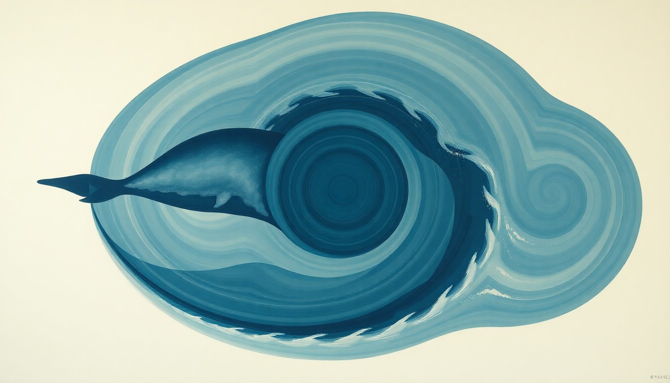 An abstract, highly structured painting in soft, earthy tones of blue, green, and gray, depicting the complex interplay of ocean currents, whale migration patterns, and human activity, conveying the structural order of the ocean ecosystem under stress.