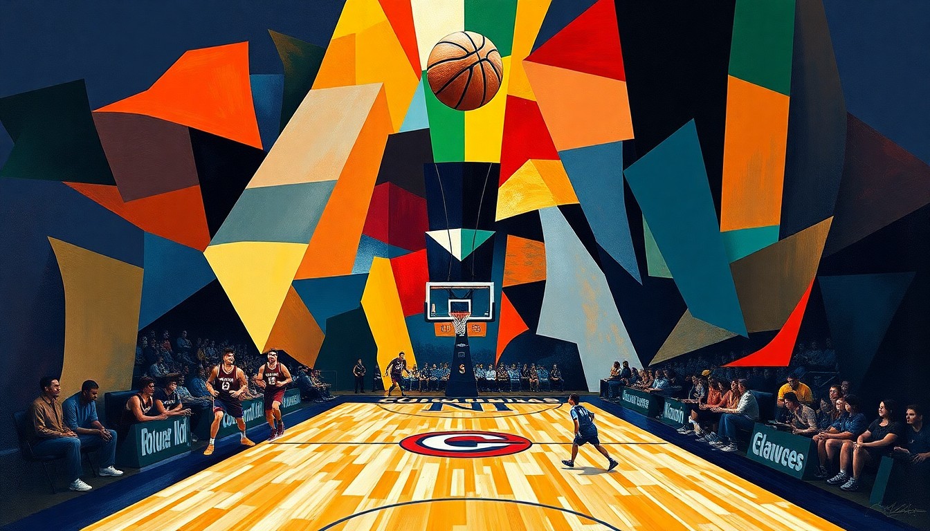 A fractured, cubist-style painting depicting a basketball game or match, with sharp geometric shapes and planes in a mix of blue, gold, and maroon colors representing the Colorado Buffaloes and Colorado State University Pueblo ThunderWolves.