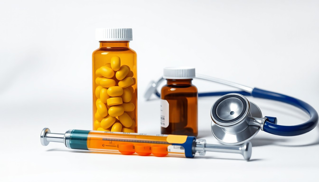 A photorealistic studio still life featuring a stack of pill bottles, a syringe, and a stethoscope arranged on a clean, white background, symbolizing the abstract corporate strategy and regulatory challenges facing the pharmaceutical industry.
