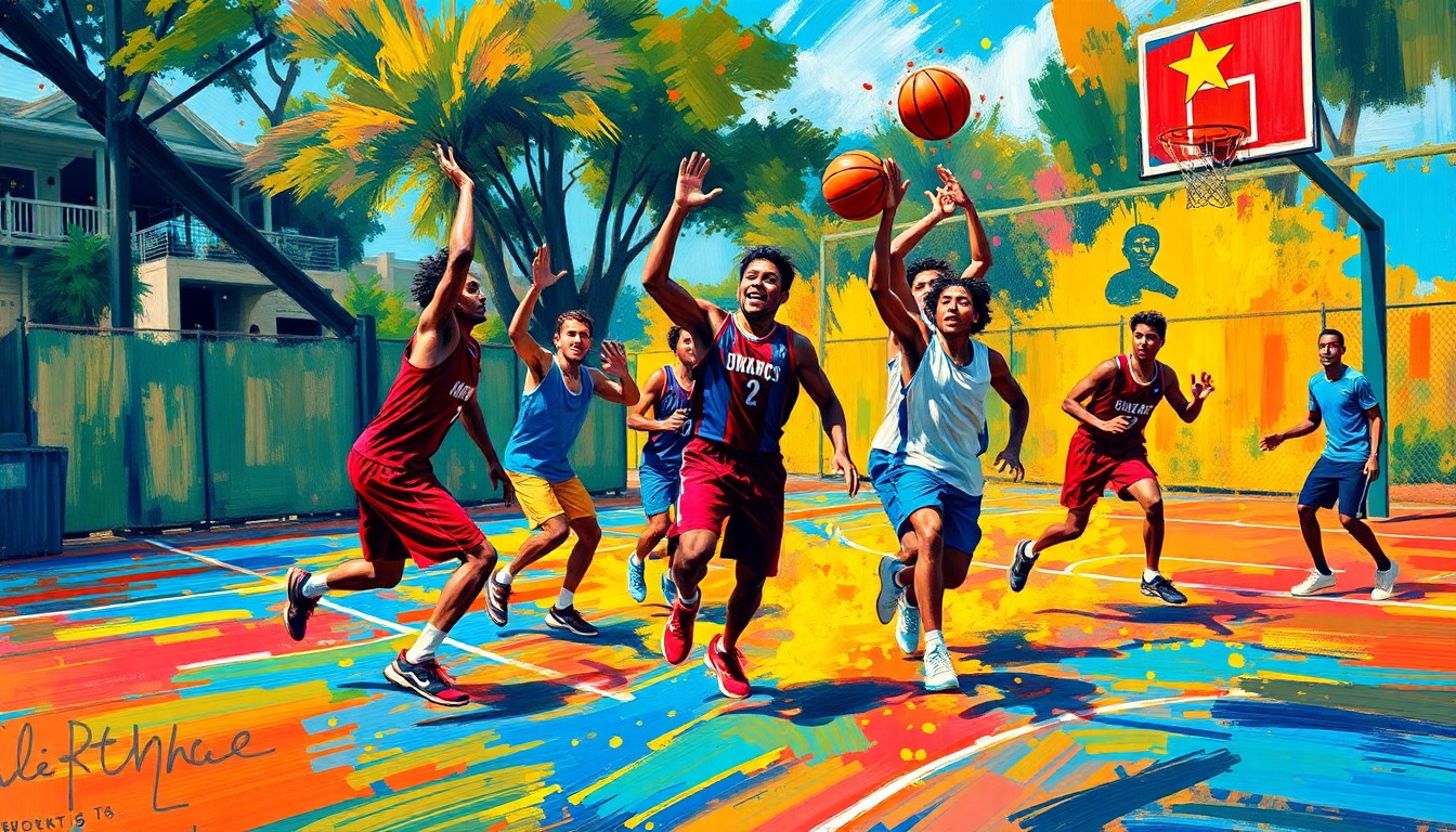 A dynamic, colorful painting featuring a group of adults of various ages and backgrounds playing basketball on an outdoor court, their movements and expressions captured in an abstract, expressionist style that conveys the energy and joy of the experience.