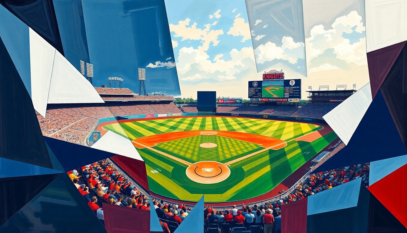 A fractured, geometric painting in navy blue, red, and white, capturing the energy and movement of a baseball game or match through sharp, overlapping planes and shapes.