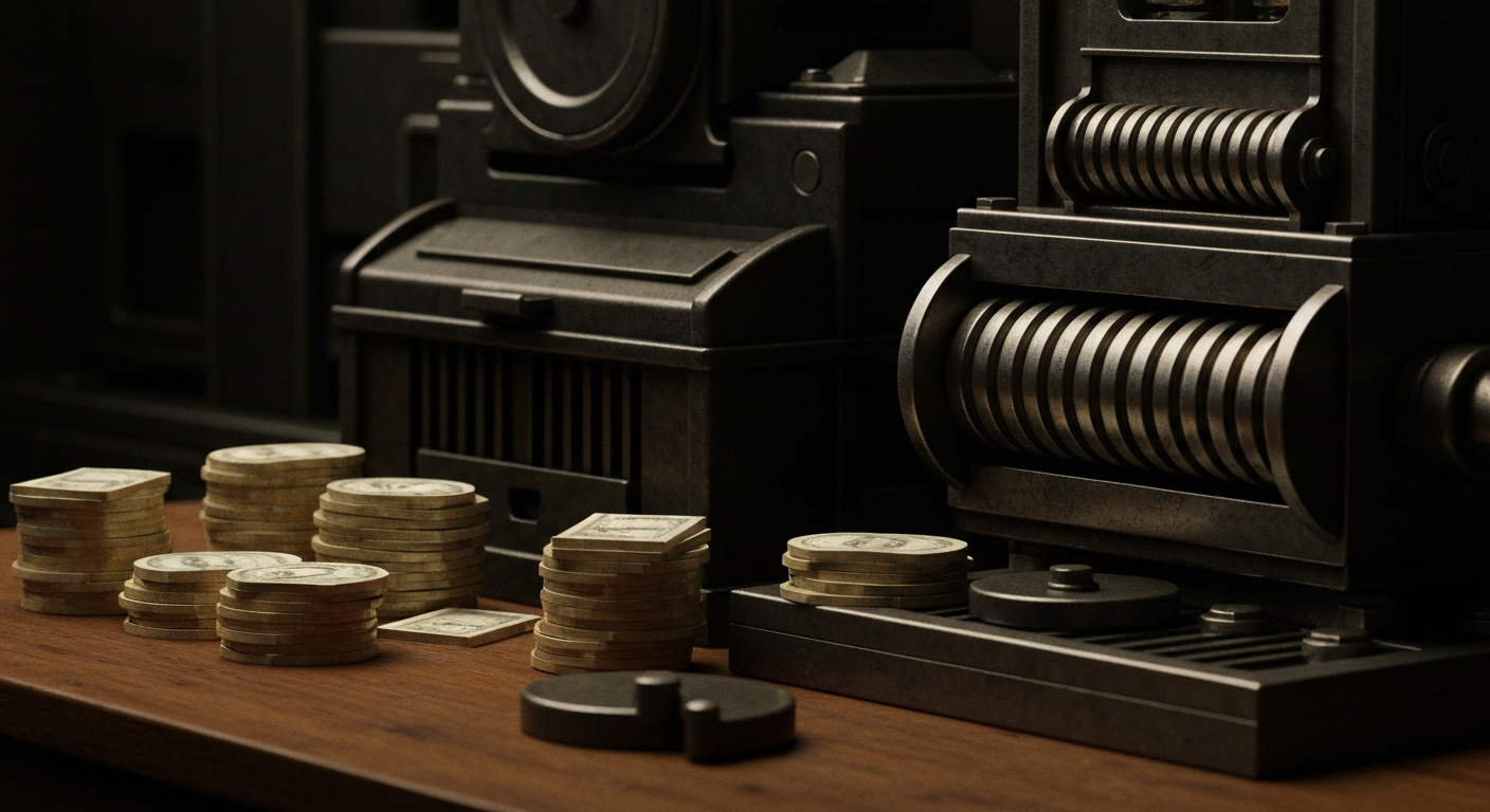 An extreme close-up of various metal and mechanical components that are part of a larger banking or financial system, conveying a sense of the physical infrastructure underlying the financial industry.