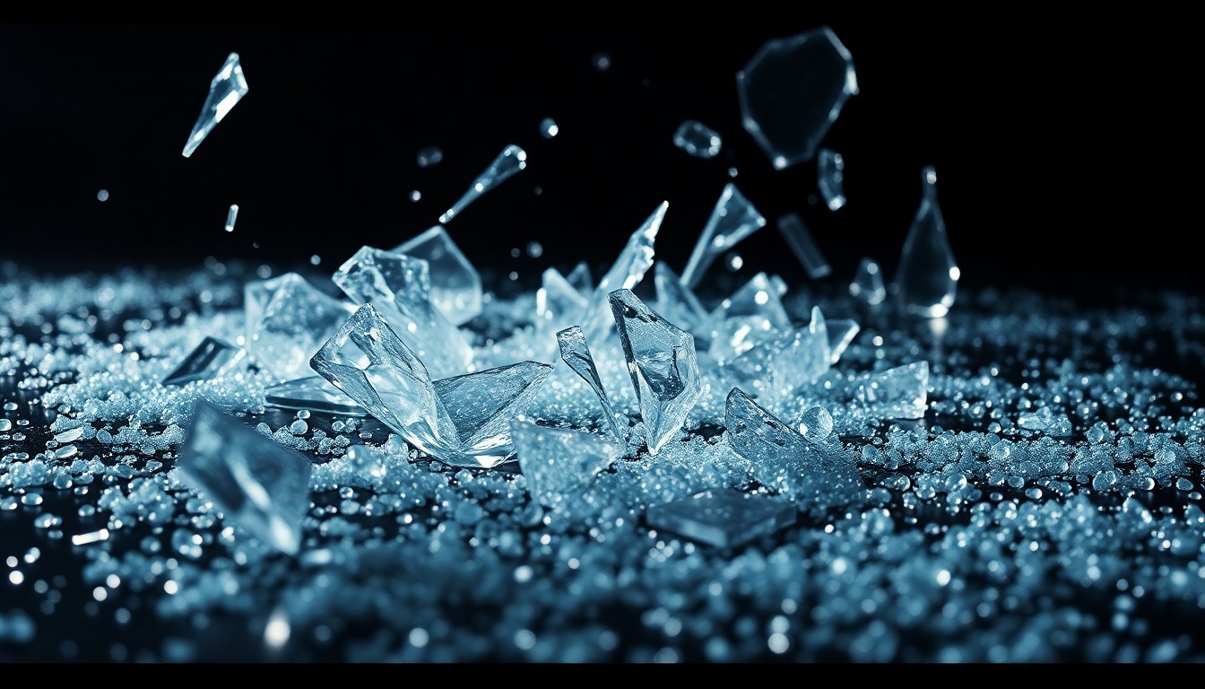 An abstract close-up image of shattered glass and glittering sequins, capturing the fragility and glamour of faith and public life.