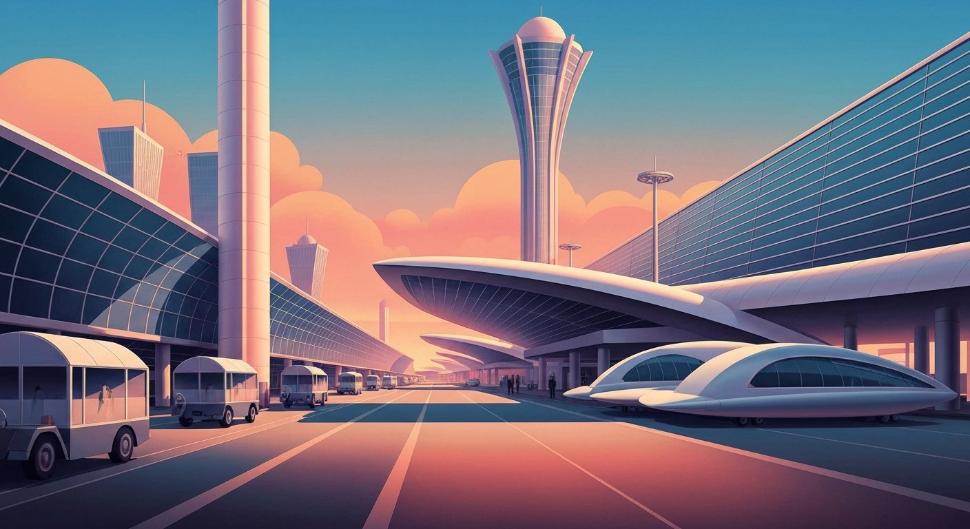 A highly stylized, geometric illustration depicting the grand scale and monumental architecture of an airport, with sweeping gradients and streamlined forms conveying the frustration and challenges of navigating travel disruptions.