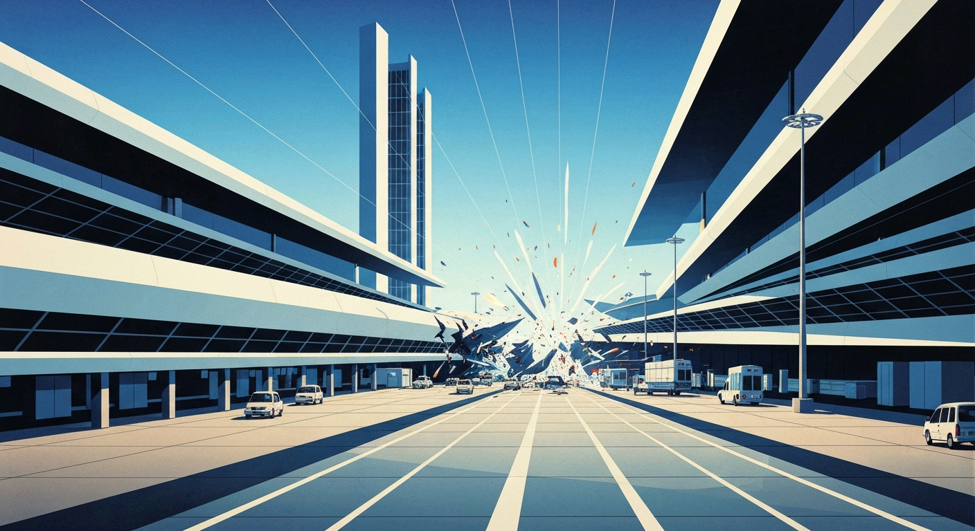 A bold, geometric illustration in the Art Deco style, depicting the dramatic collision between an aircraft and a fire truck on an airport runway, with towering architectural forms and smooth, sweeping gradients conveying the scale and impact of the incident.