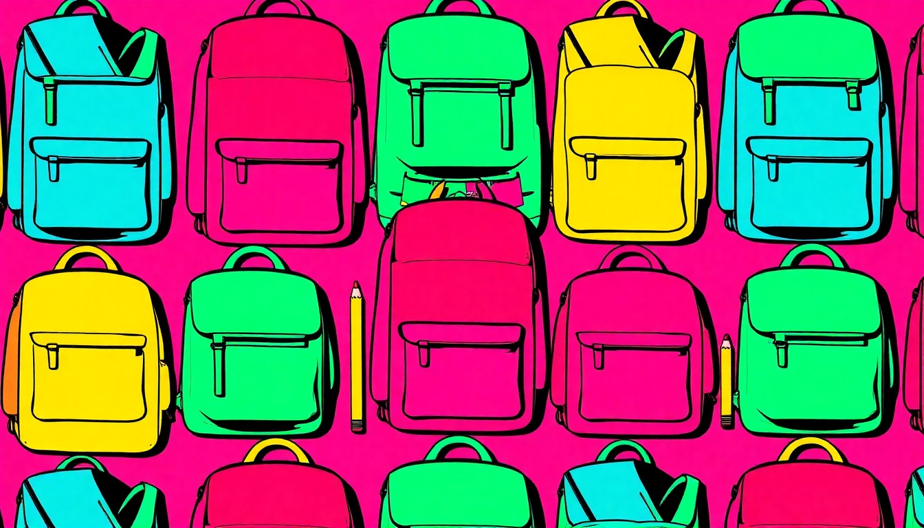 A brightly colored, high-contrast silkscreen print of a single, iconic school object such as a backpack, repeated in a tight grid pattern with flat, vibrant, and unnatural neon color palettes overlapping with heavy black photographic outlines, conceptually representing the need for educational equity and cultural sensitivity in disciplinary practices.
