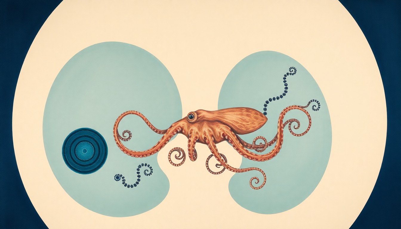 An abstract, geometric painting in soft blues, greens, and grays, depicting the interconnected and overlapping structures of various cephalopod species, conveying the nuanced and intricate relationships within the cephalopod family tree.