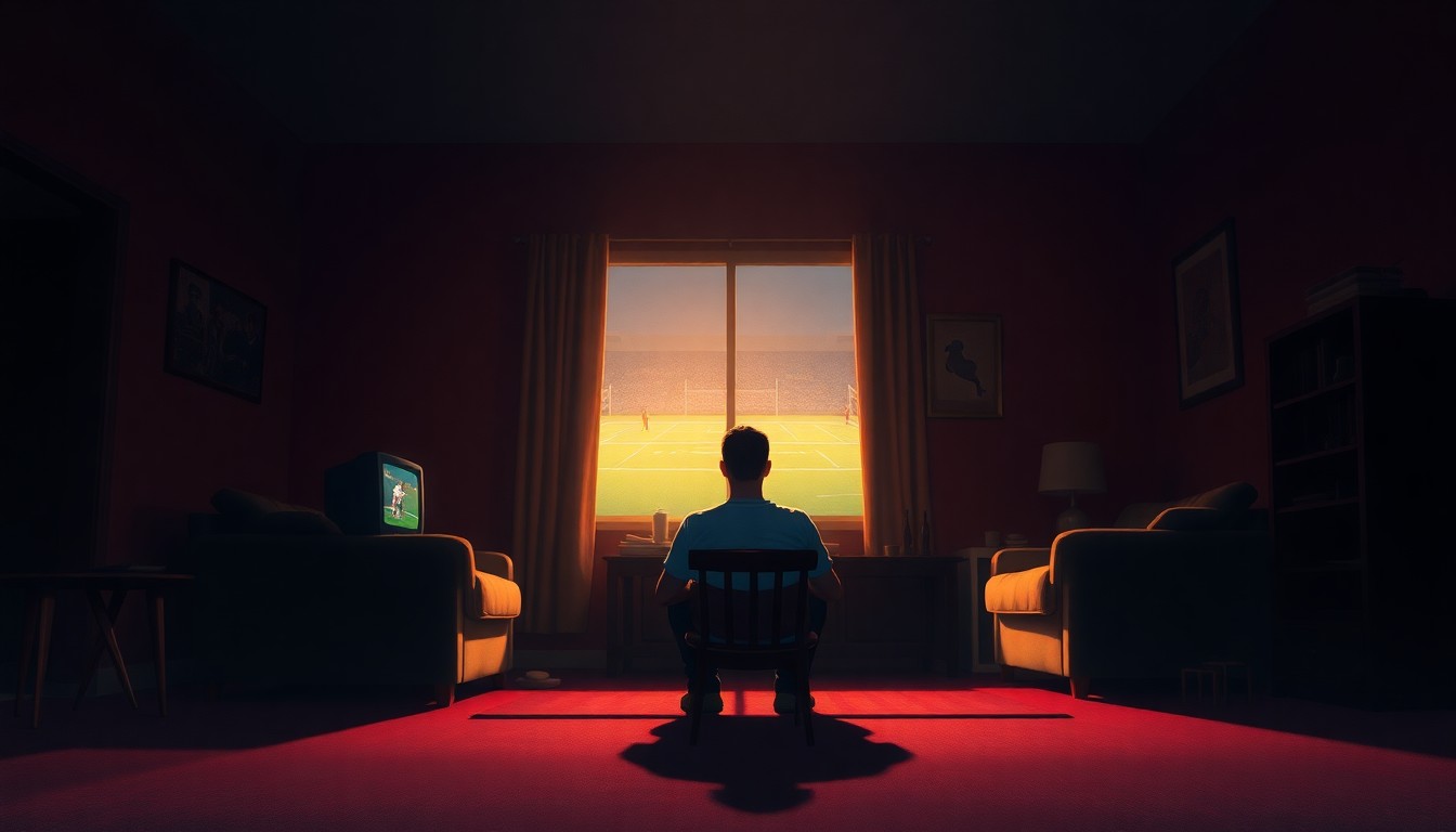 A solitary figure sitting in a dimly lit living room, watching a small television set bathed in warm, diagonal sunlight and deep shadows, conceptually representing the growing inaccessibility of live sports for ordinary fans.