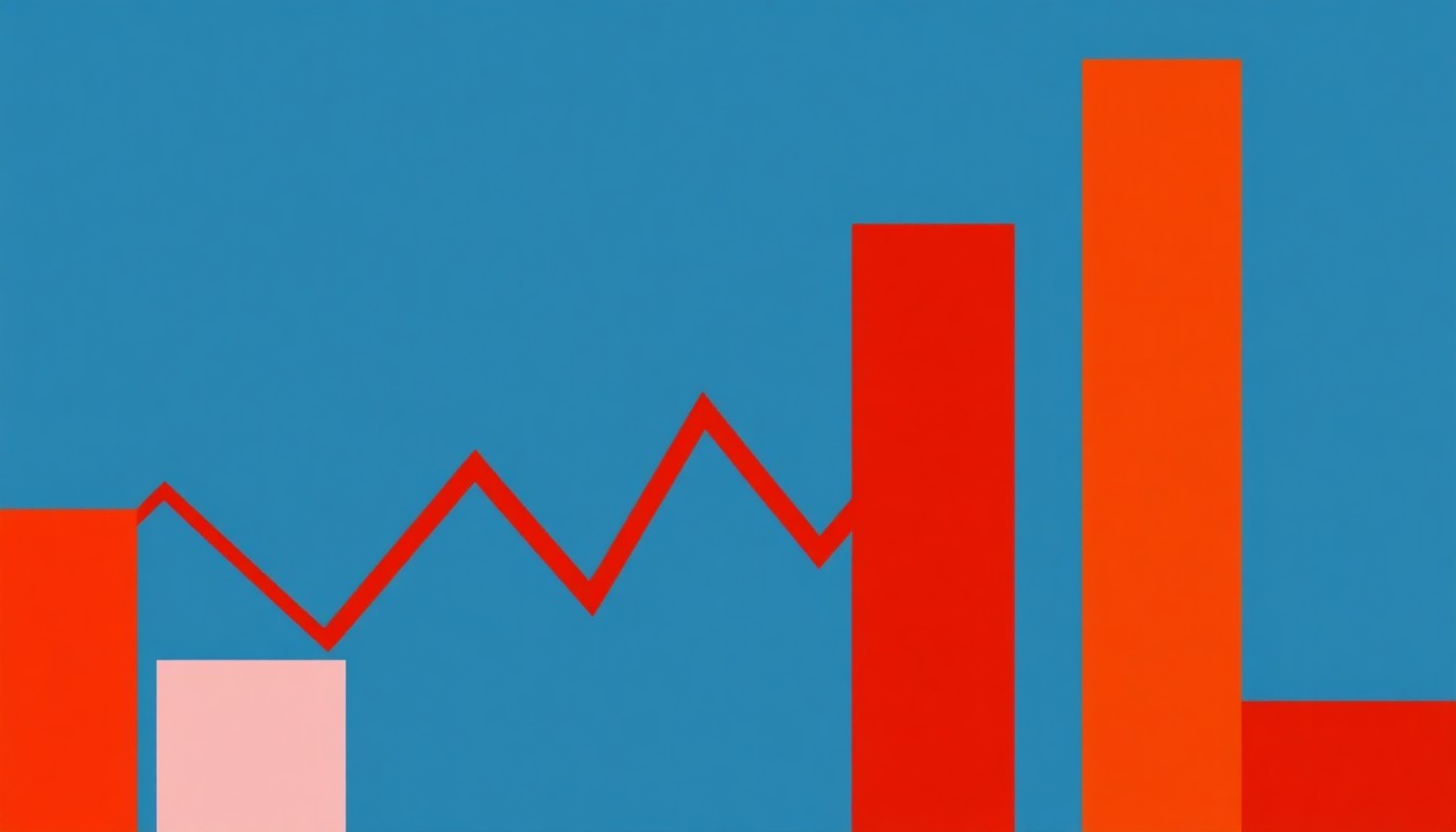 A vibrant abstract illustration featuring overlapping triangles and circles in shades of blue, red, and yellow, conveying the complex and interconnected nature of international finance and currency exchange.