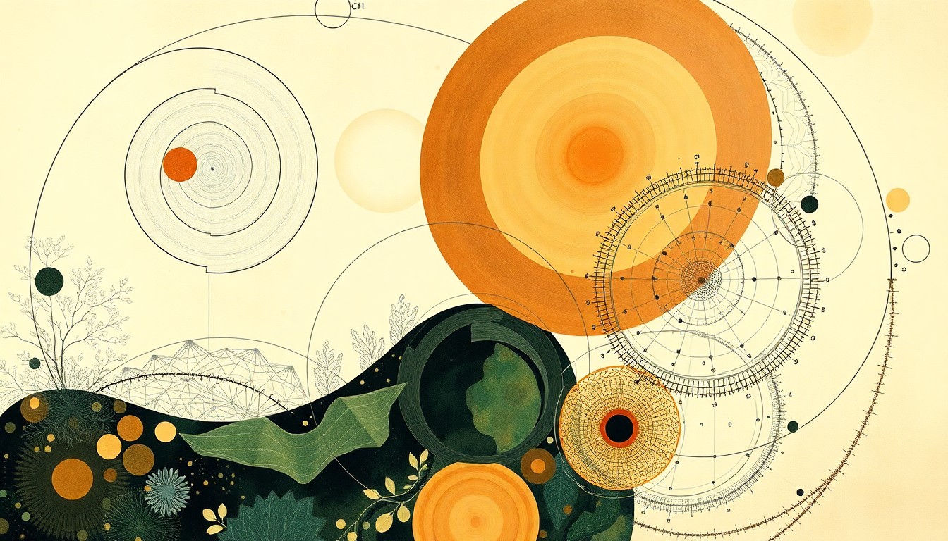 A highly structured abstract painting in muted earth tones, featuring sweeping geometric arcs, concentric circles, and precise botanical spirals, conceptually illustrating the pervasive and persistent nature of 'forever chemicals' in the environment.