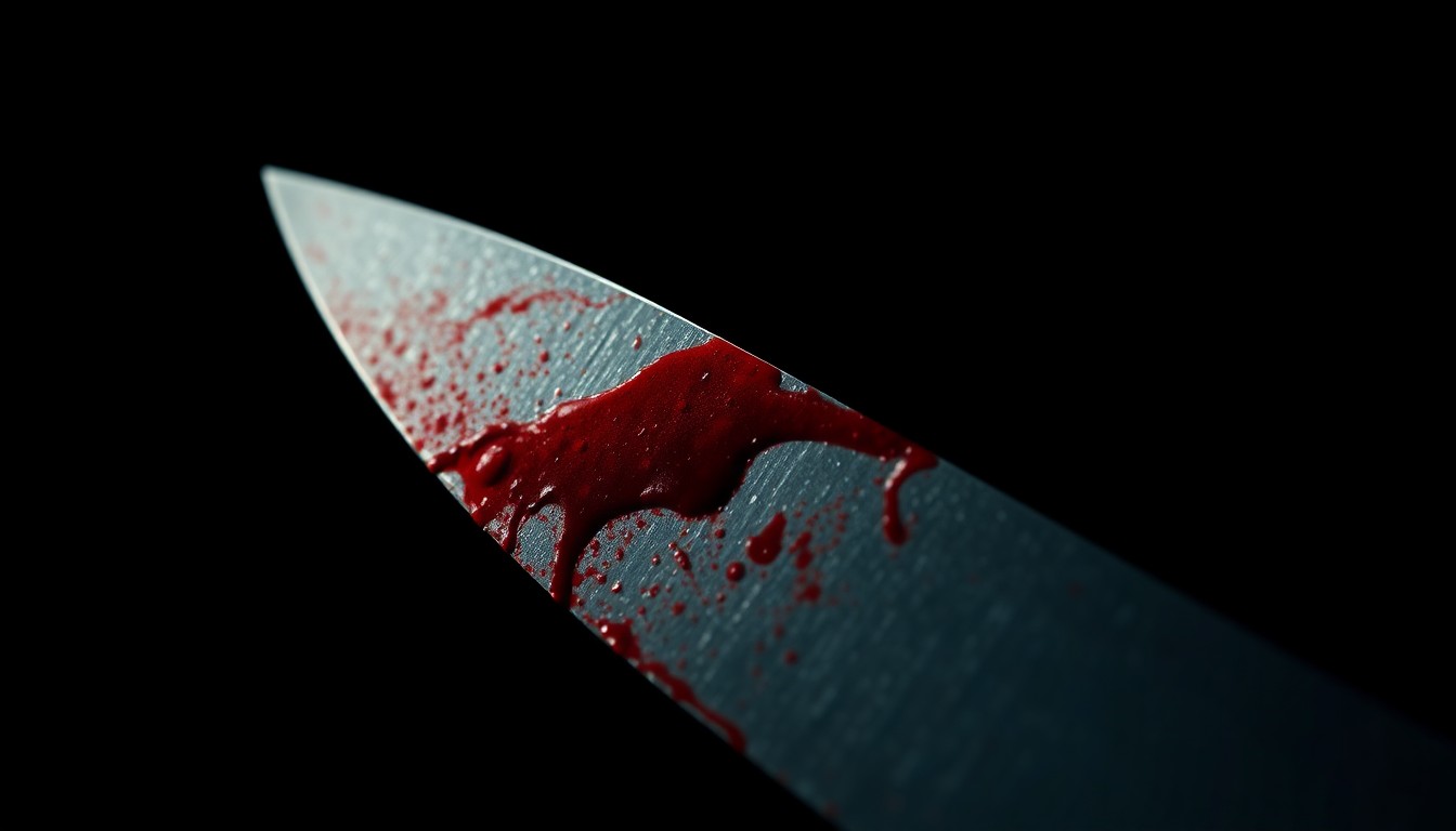 An extreme close-up of a bloodied knife blade reflecting a harsh, direct camera flash, conceptually illustrating the violent stabbing attacks at a middle school.