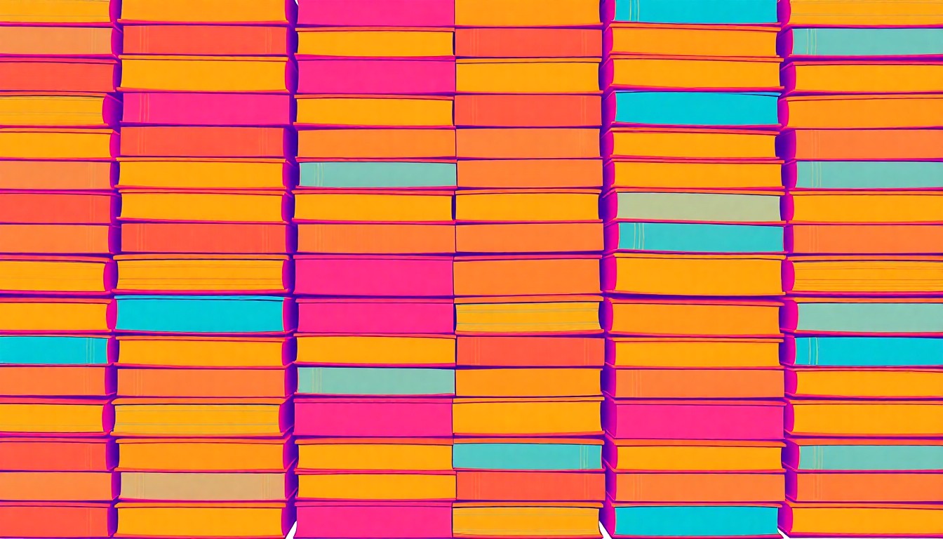 A bold, graphic illustration featuring a repeating grid of stacked books in bright neon pink, orange, and blue, conceptually representing the wide selection and festive atmosphere of a community book sale event.
