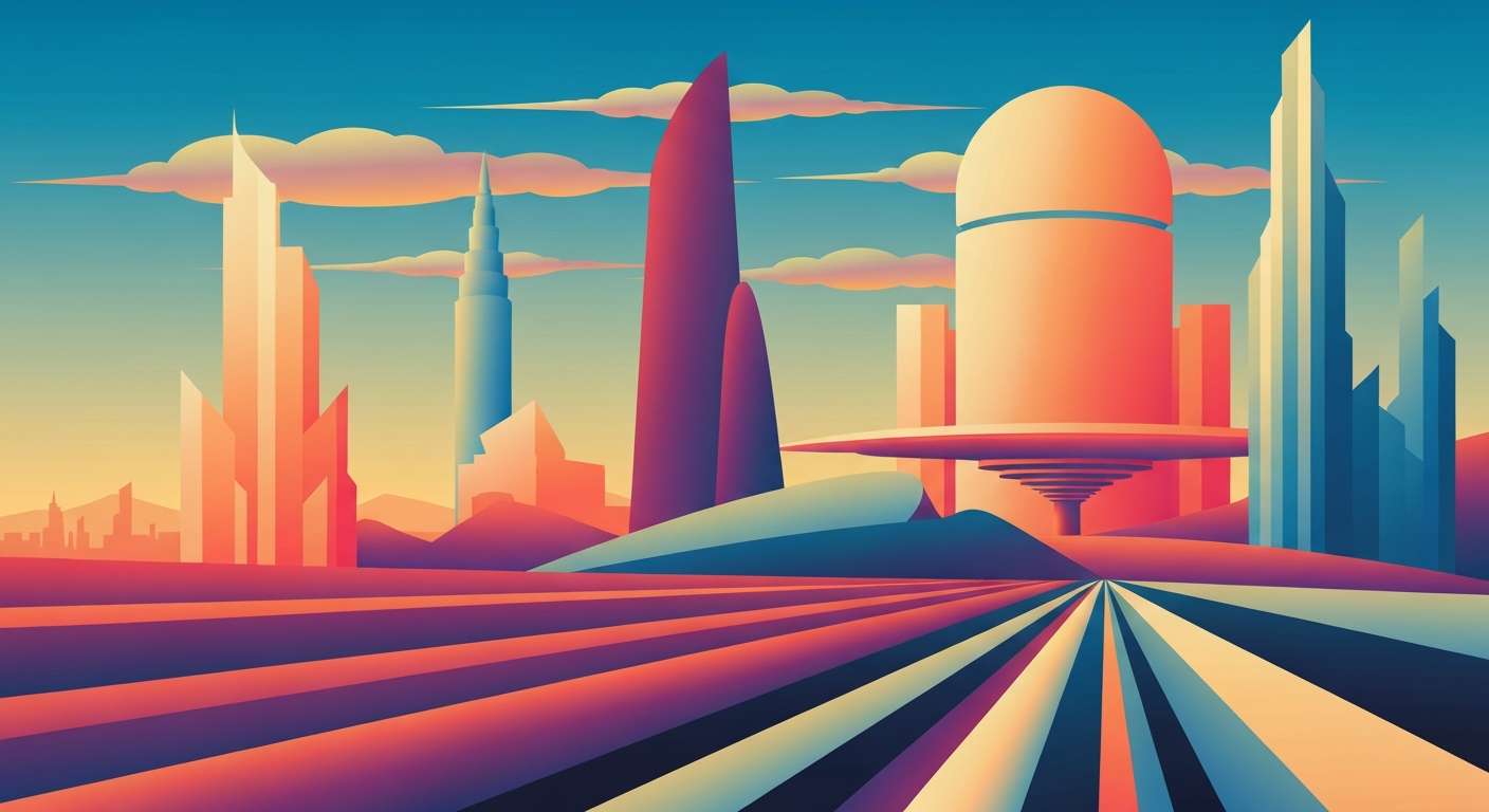 A highly stylized, geometric illustration in the Art Deco Monumentalist style, featuring sweeping, smooth gradients and towering architectural forms, conceptually representing the grand scale and romance of the tourism industry in Central Florida.
