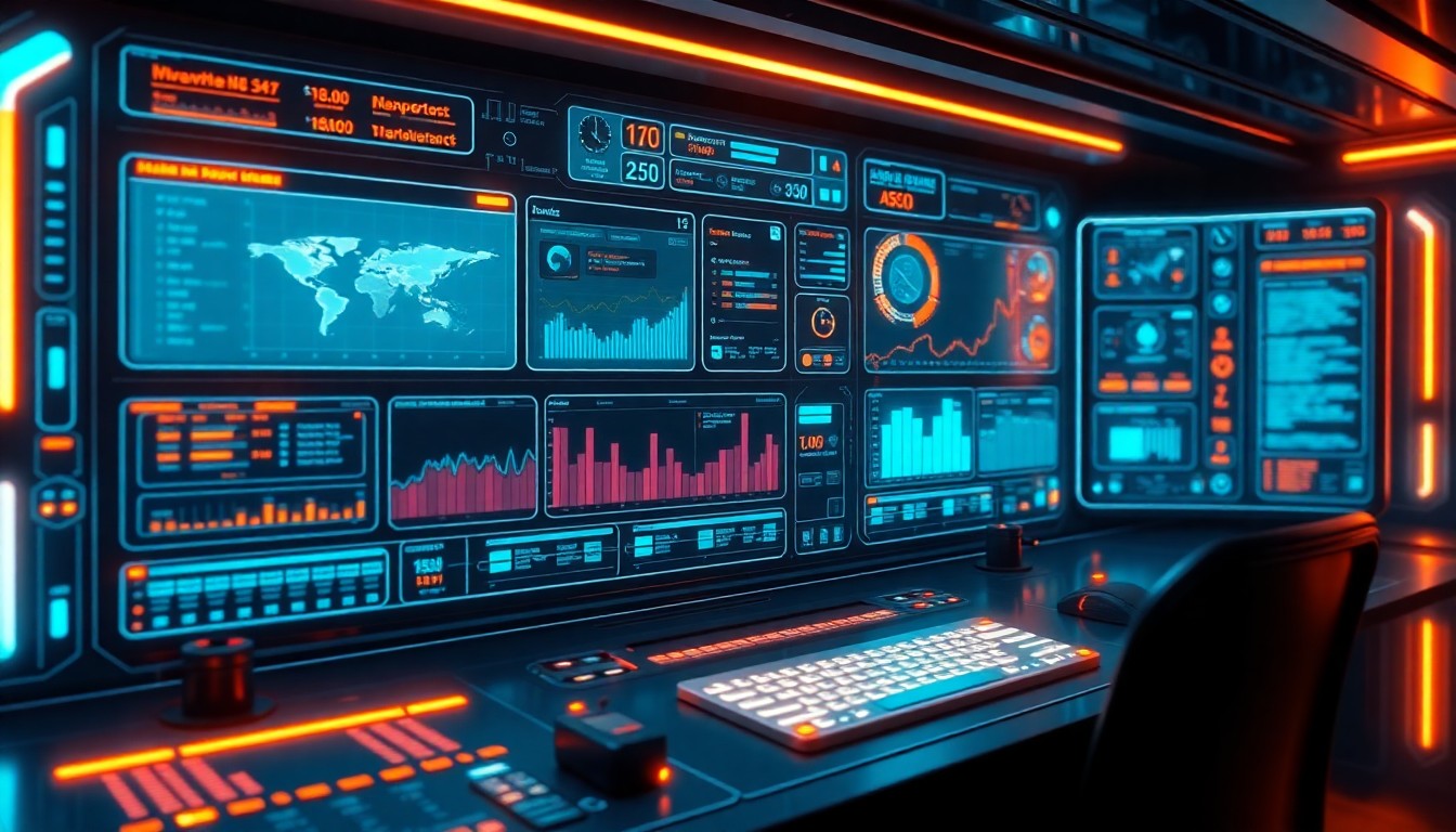 A highly detailed, glowing 3D illustration of a futuristic rental equipment management dashboard, featuring holographic displays, neon-lit control panels, and interconnected data streams, conveying a sense of advanced technology and data-driven insights.