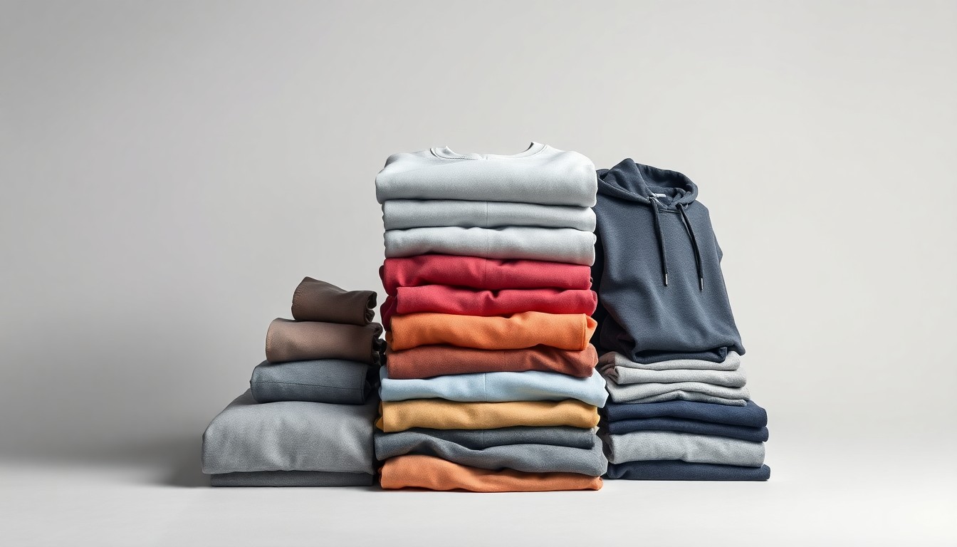 A high-end, photorealistic studio still-life photograph featuring a stack of custom-printed athletic apparel items in muted, premium colors, conceptually representing the new opportunities for college athletes to sell merchandise tied to their name, image, and likeness.