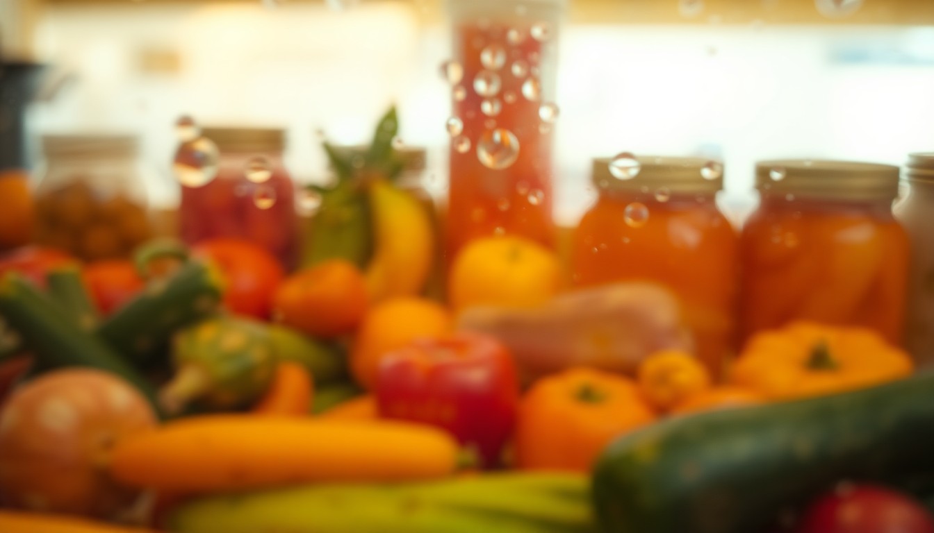 An abstract, impressionistic photograph showing blurred shapes and colors of fresh fruits and vegetables, conceptually representing the focus on food preservation techniques.