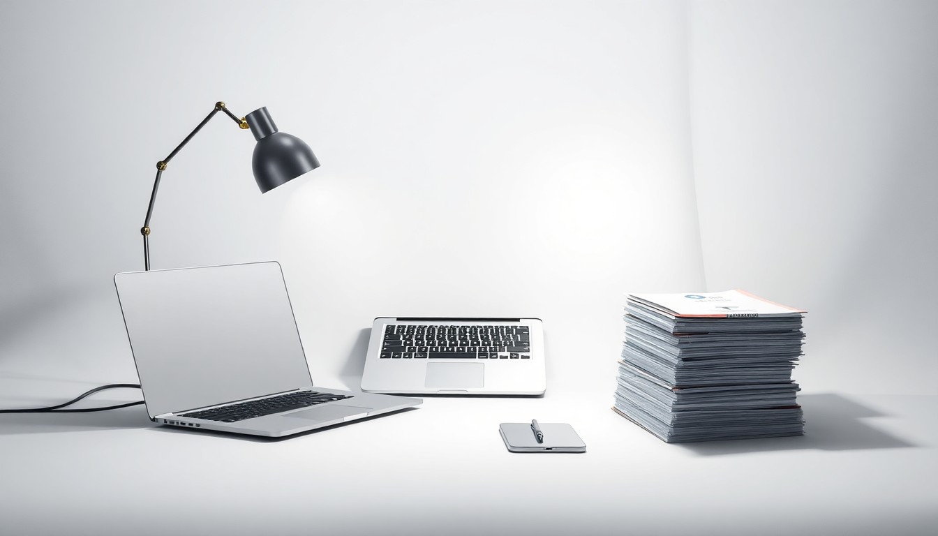 A minimalist studio still life featuring a silver laptop, desk lamp, and medical files arranged in a clean, high-contrast composition, symbolizing the intersection of healthcare and digital transformation.