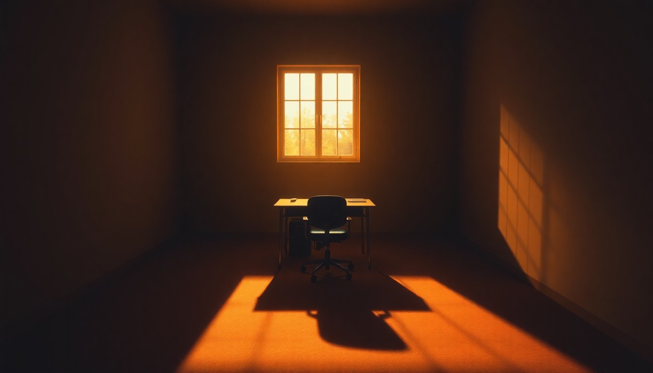 A dimly lit, cinematic office space with a lone desk and chair, bathed in warm, golden light from a single window, creating a contemplative mood that reflects the transition of a university official to a political campaign.