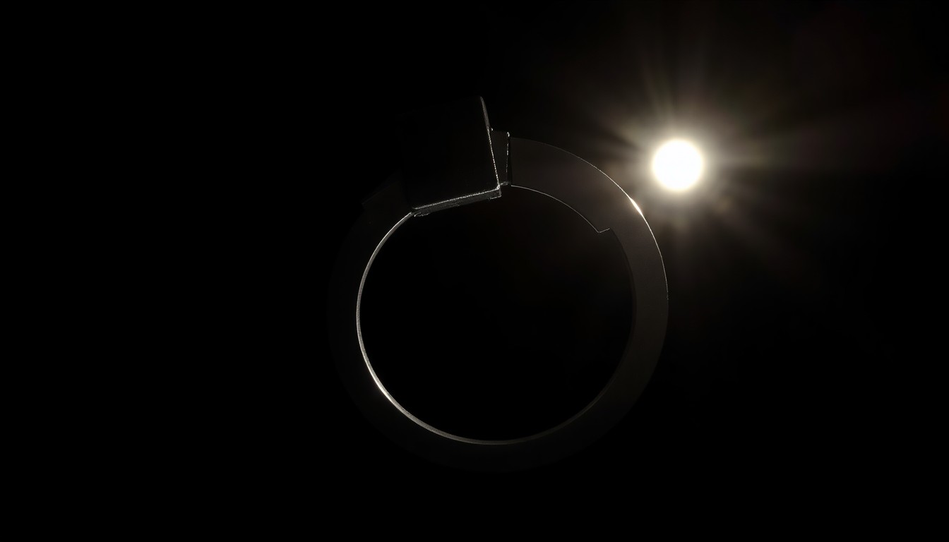 An extreme close-up photograph of a single handcuff, the metal surface reflecting the harsh, direct light of the camera flash against a pitch-black background, creating a stark, gritty, investigative aesthetic.