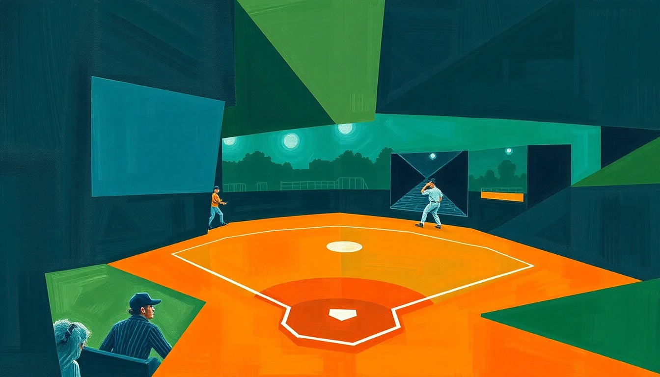 A cubist-style painting featuring overlapping geometric shapes and planes in navy, green, and orange hues, conceptually representing the energy and action of a high school baseball game.