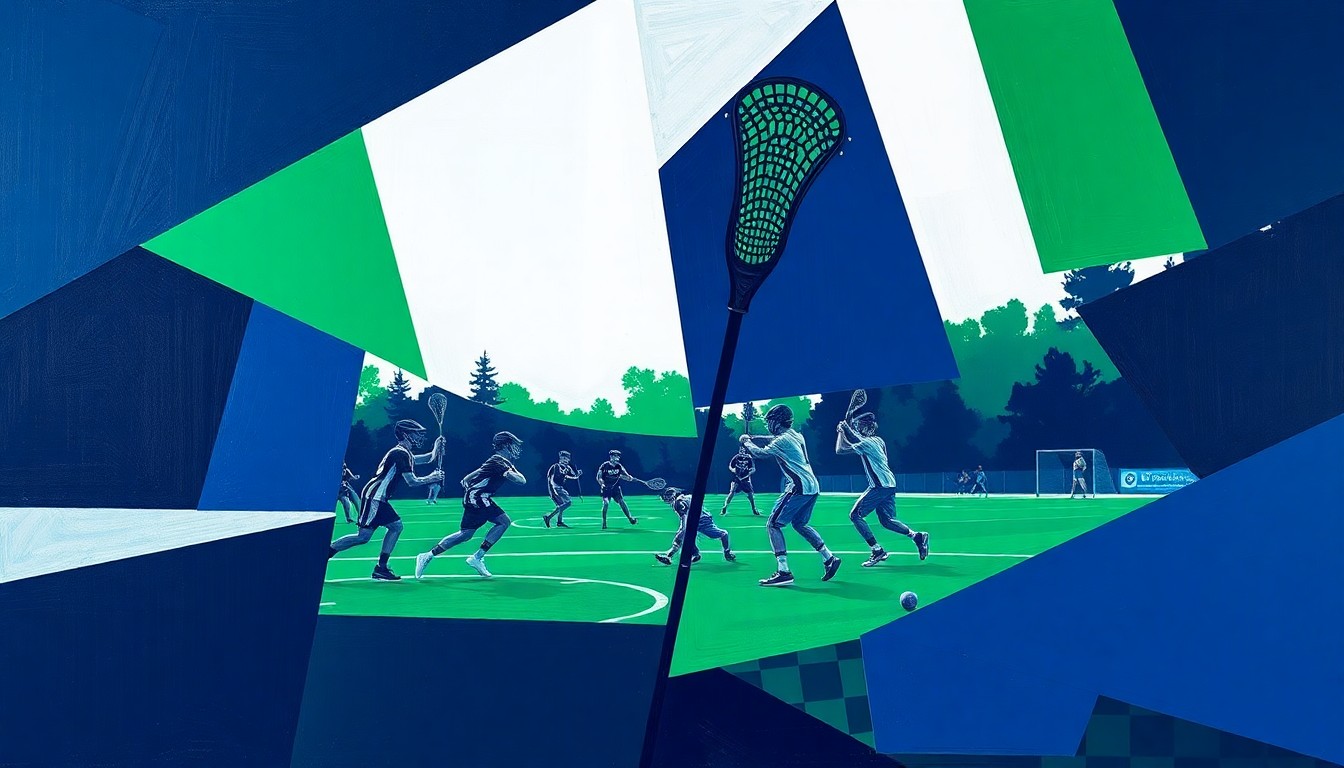 A fragmented, cubist-style painting depicting the dynamic action of a high school lacrosse game, with overlapping geometric shapes in navy, green, and white representing the players and movement on the field.
