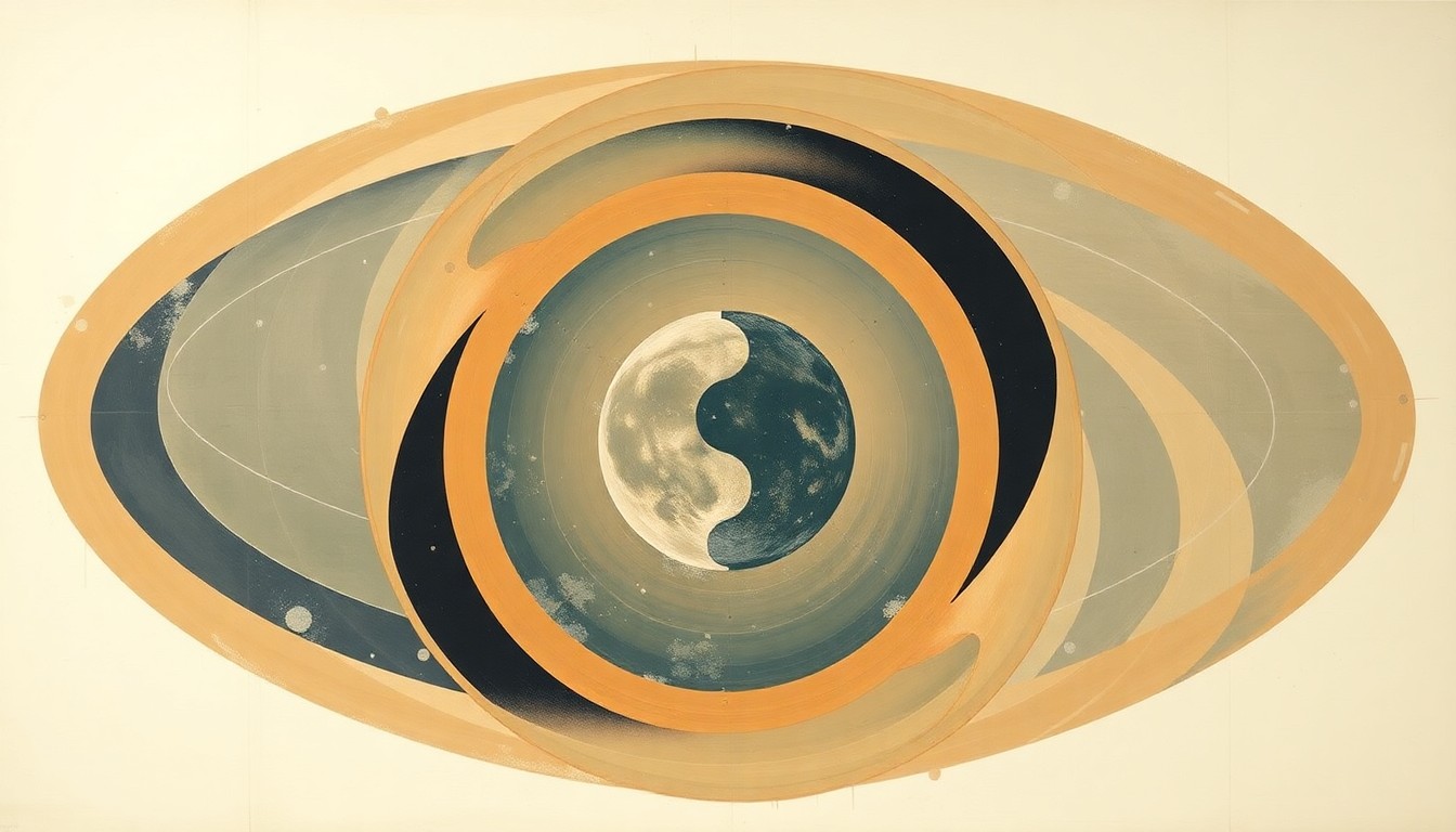 A highly structured abstract painting in earthy tones, featuring sweeping geometric arcs, concentric circles, and precise botanical spirals, conceptually representing the complex forces and trajectory of the Artemis II spacecraft's lunar voyage and return to Earth.