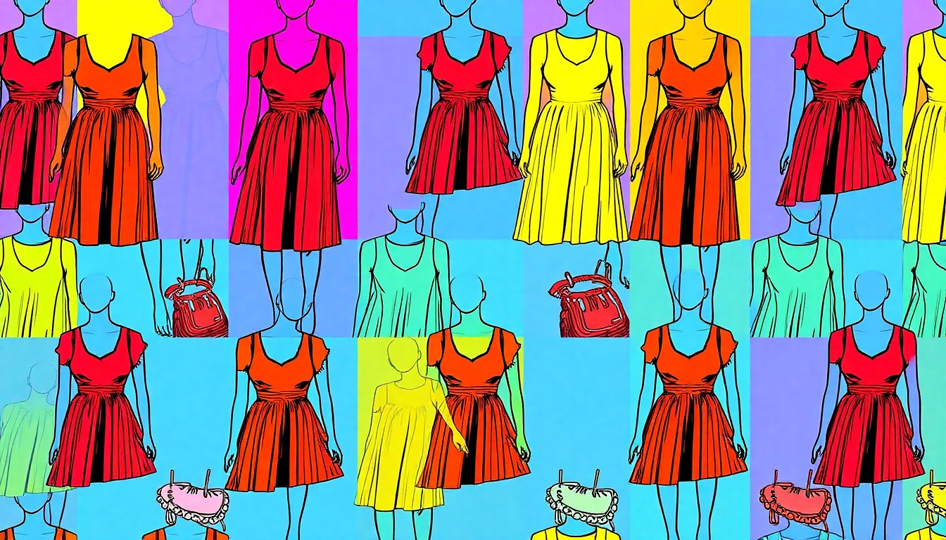 A high-contrast silkscreen print of a vibrant, patterned dress in shades of pink, purple, and blue, repeated in a grid to create a dynamic, pop art-inspired visual representation of the Old Navy x Christopher John Rogers collection.