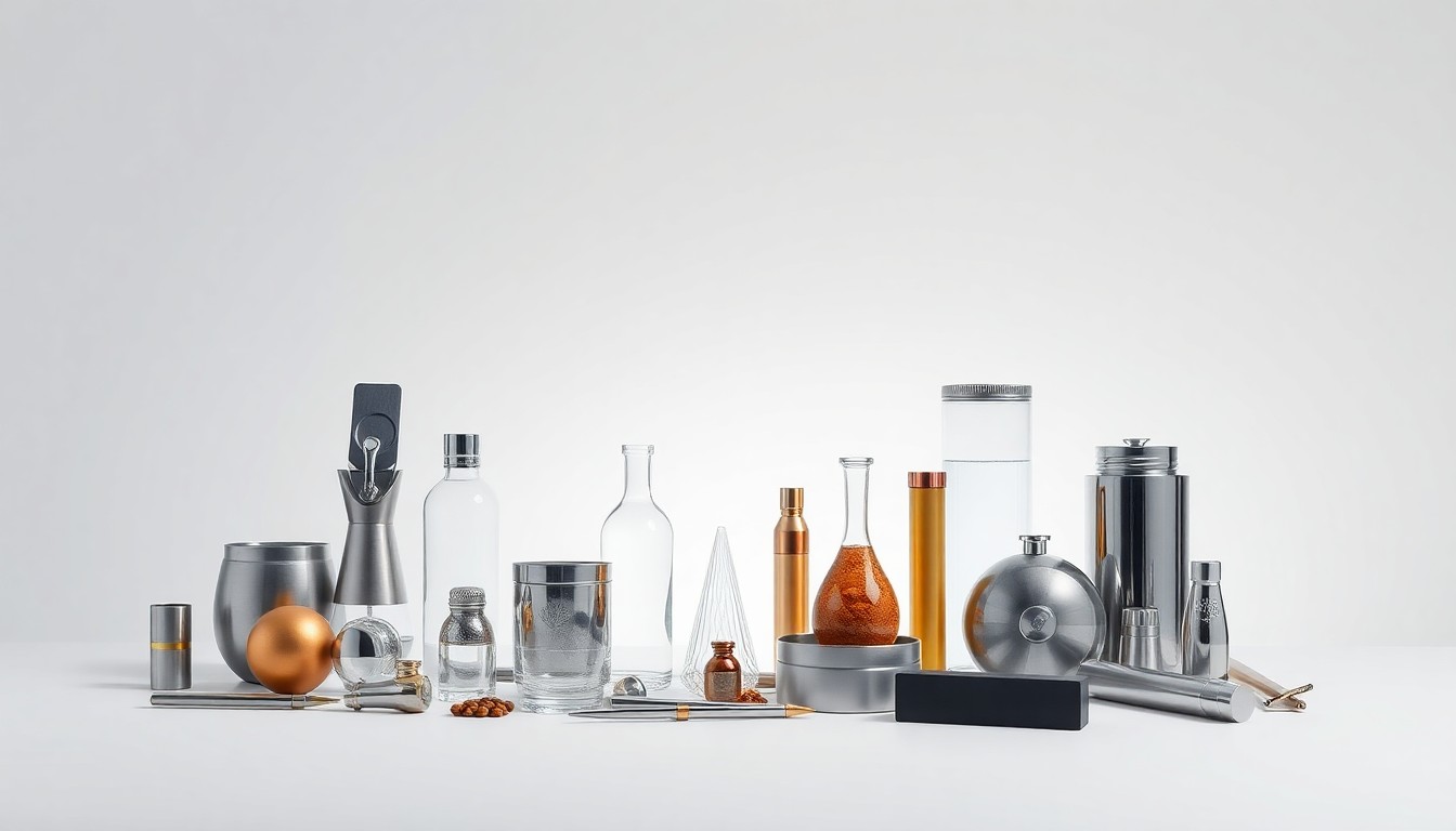 A high-end, photorealistic studio still-life featuring a collection of premium, polished objects in a minimalist, conceptual arrangement, representing the diverse industries and entrepreneurial spirit of Charlotte County, Florida.