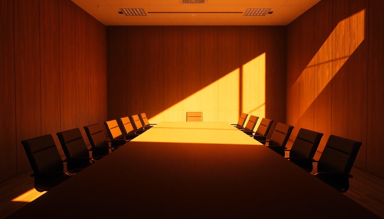 An extreme close-up of an empty boardroom table, with the surface reflecting a warm, golden light that casts deep shadows, conceptually illustrating the disconnect between the wealthy elite and the working class.
