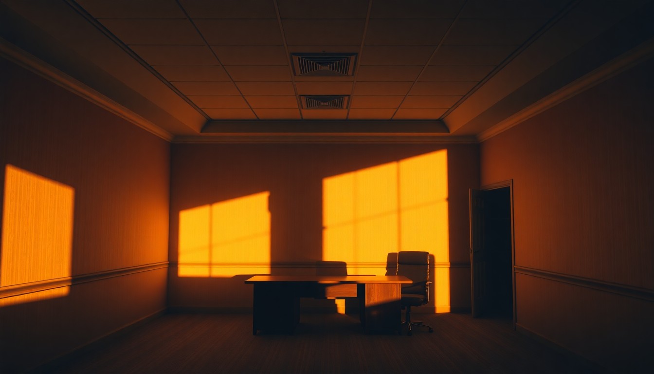 A dimly lit, textured interior space with warm sunlight streaming in through a window, creating dramatic shadows and a sense of contemplative solitude, conceptually representing the moral ambiguity surrounding the treatment of terrorists in modern conflicts.