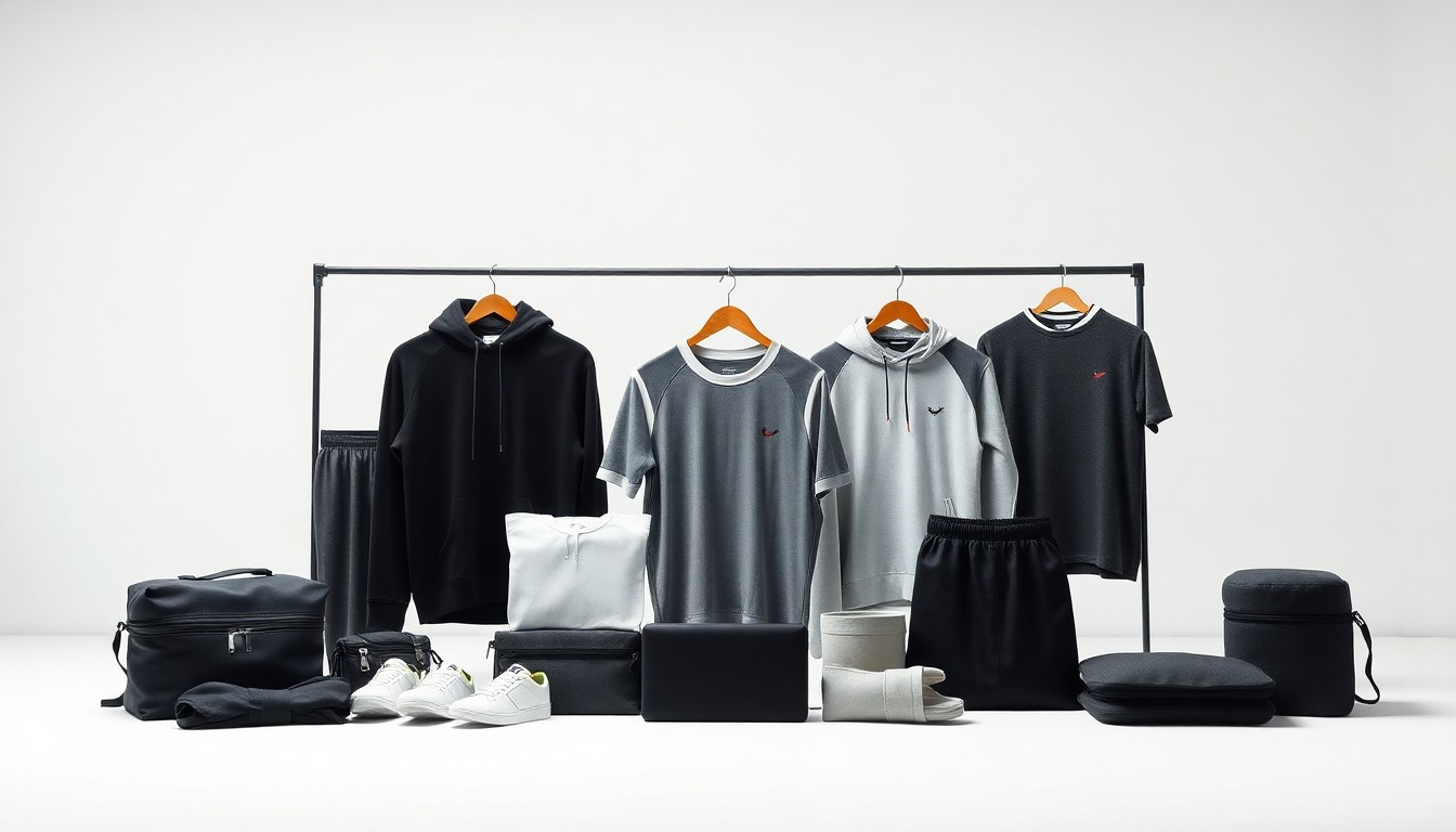 A stylized, high-quality studio photograph featuring a neatly arranged display of premium sports apparel products in muted, earthy tones, conveying the elegant, minimalist design of the Gameday Couture brand.