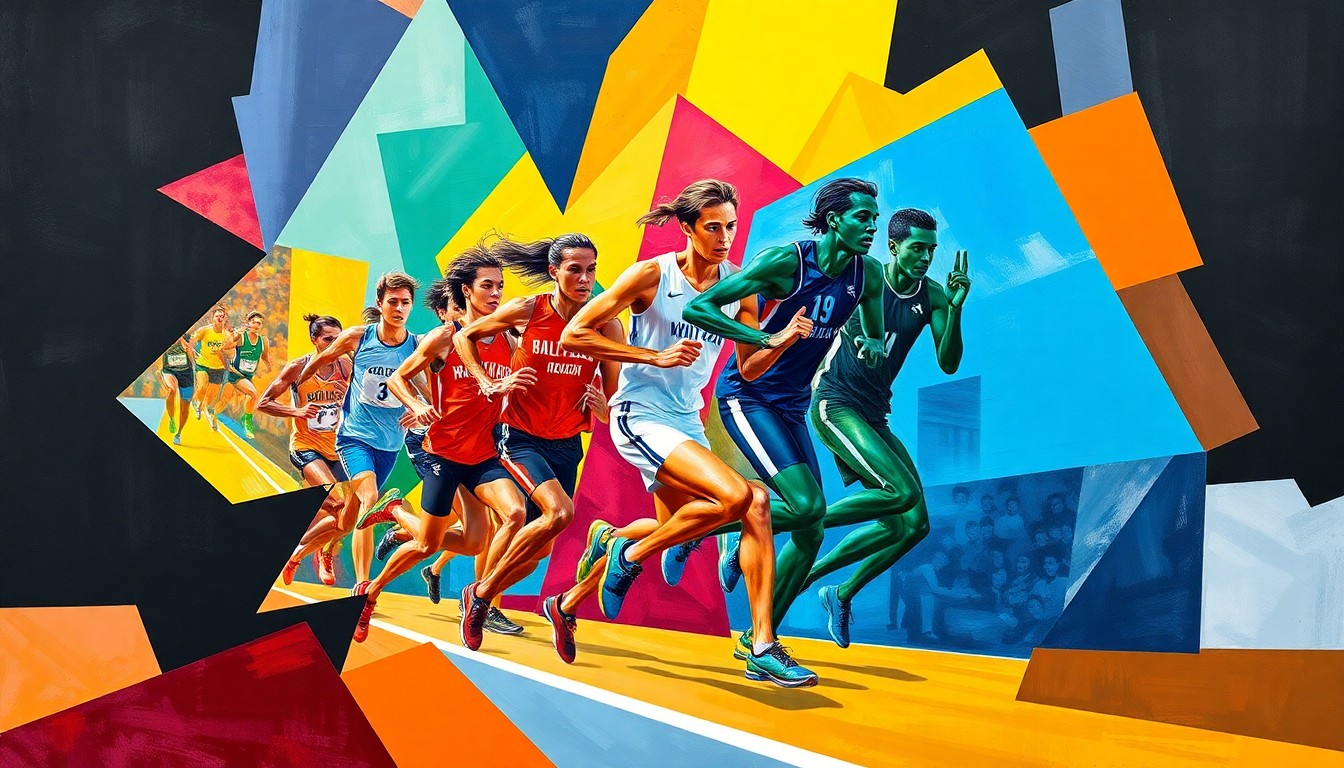 A fragmented, geometric painting depicting high school track and field athletes in motion, with sharp planes of color representing the teams' official uniforms.