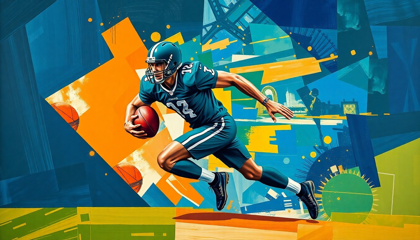 A fragmented, geometric painting depicting a football player in mid-motion, their body broken down into sharp, overlapping planes of deep blue, forest green, and burnt orange hues, capturing the raw power and dynamism of a pass rush.