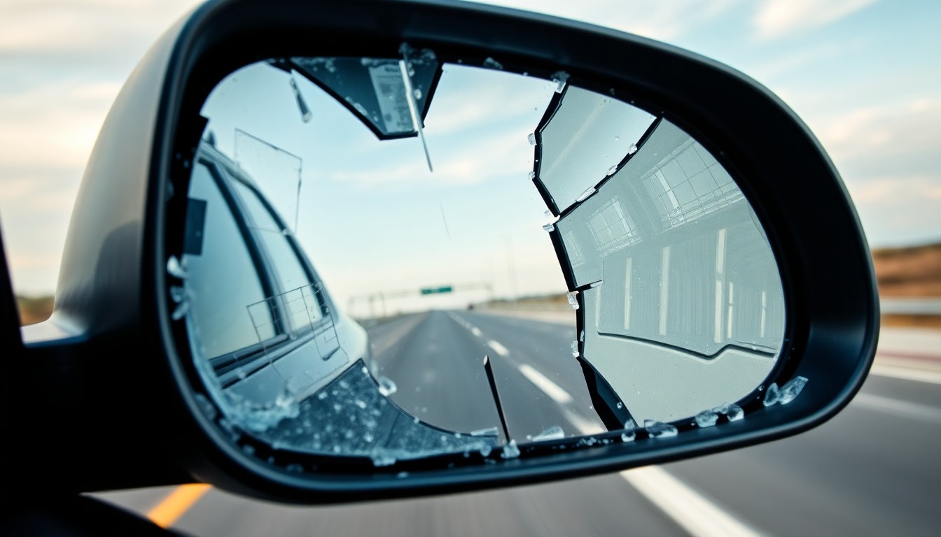 An extreme close-up photograph of a shattered car side mirror, reflecting the faint outline of a highway barrier in the distance, conceptually illustrating the aftermath of a tragic accident on the highway.