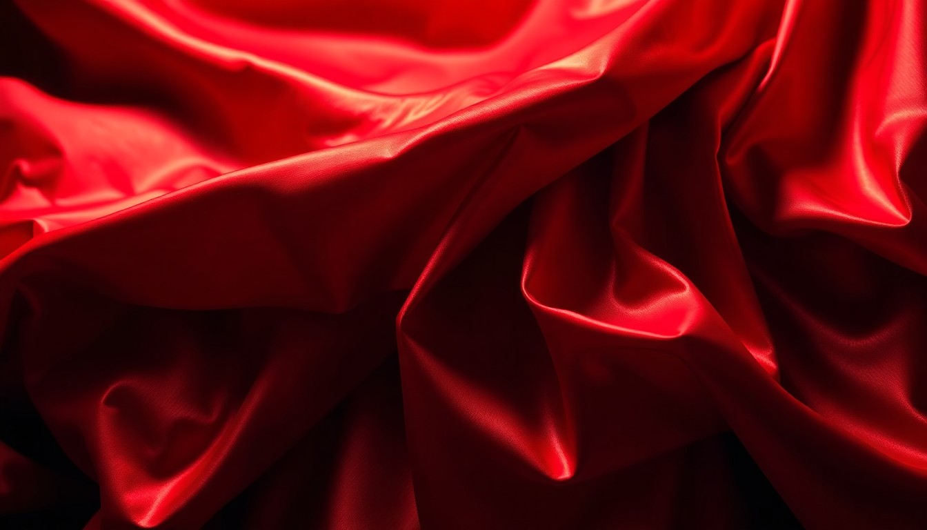 An extreme close-up photograph of a luxurious, heavily textured red satin fabric, capturing the dramatic interplay of light and shadow to create a conceptual representation of the high-stakes glamour and pressure of the acting industry.