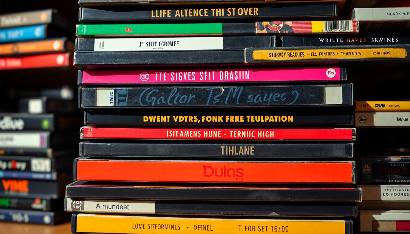An abstract close-up photograph of a stack of vintage VHS tapes and DVDs in a variety of colorful cases, using dramatic studio lighting to create a high-contrast, glamorous aesthetic.