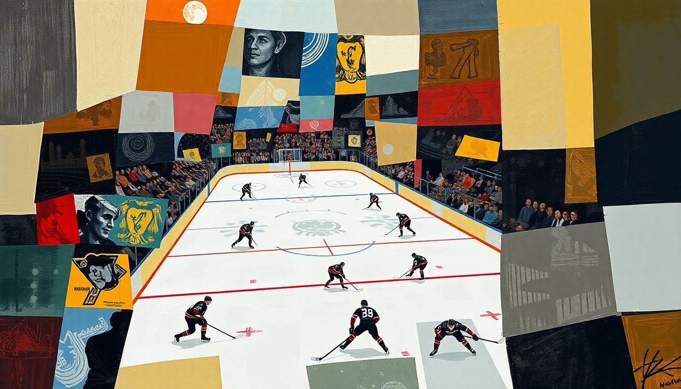 A cubist, geometric painting depicting the chaotic action of a hockey game, with overlapping shapes and planes representing the players, the puck, and the intensity of the match.