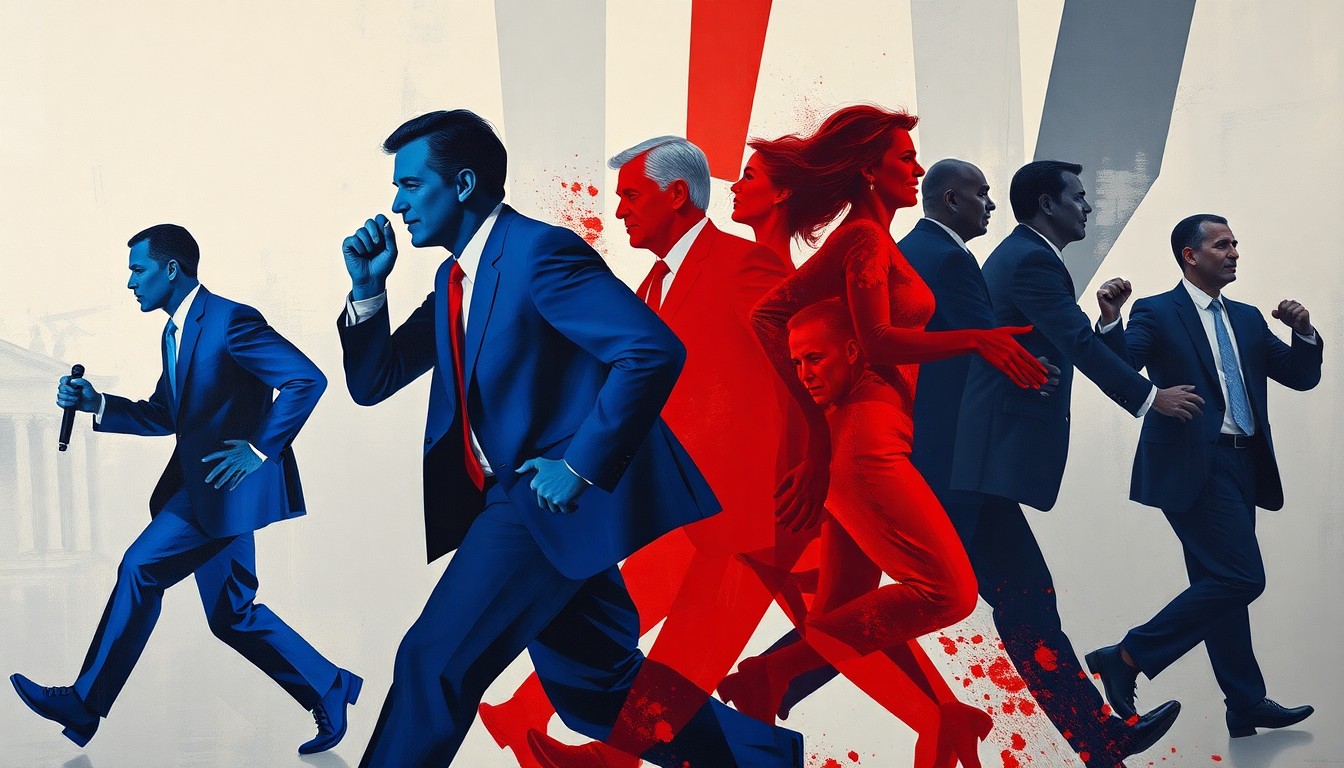 An abstract, fragmented painting of overlapping, geometric shapes in shades of blue, red, and gray, conveying a sense of motion and political turmoil.