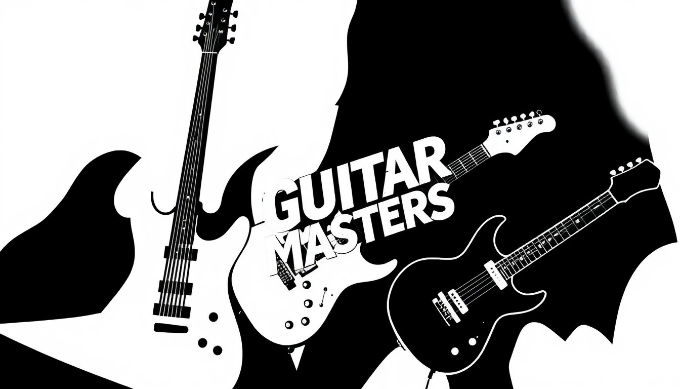 A minimalist, abstract illustration featuring stark black guitar shapes against a white background, conveying the energetic spirit of the Guitar Masters concert event.