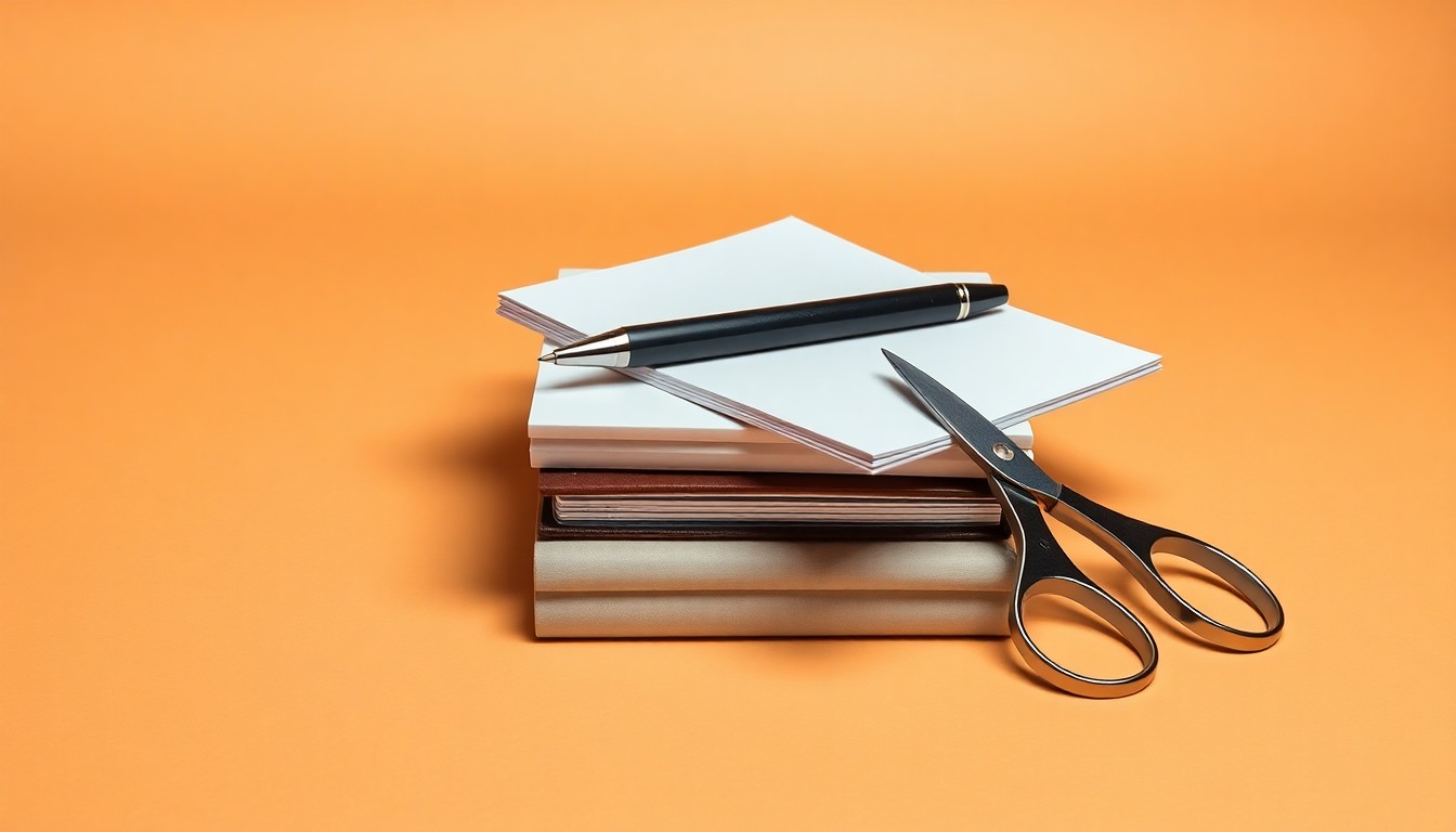 A high-end, photorealistic studio still-life photograph featuring a stack of neatly organized office supplies, including a pen, a notepad, and a pair of scissors, all arranged on a clean, monochromatic seamless background. The objects are made from polished raw materials and clean geometric shapes, using sharp, dramatic studio lighting and deep shadows to represent the abstract corporate strategy and finance challenges faced by Disney.