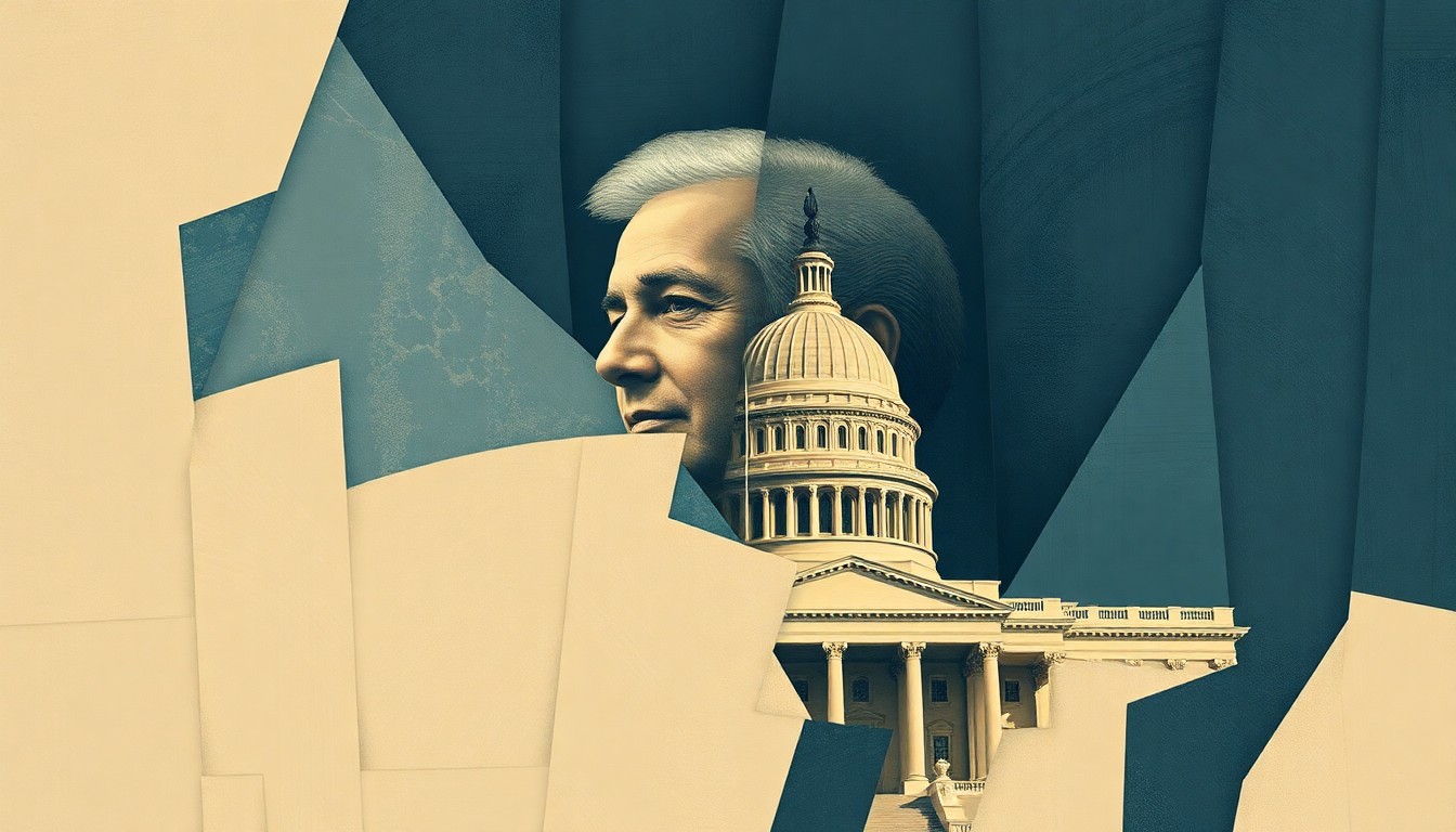 A fractured, abstract painting in muted earth tones and deep blues, depicting a blurred, overlapping figure or building related to politics, conveying a sense of instability and shifting power dynamics.